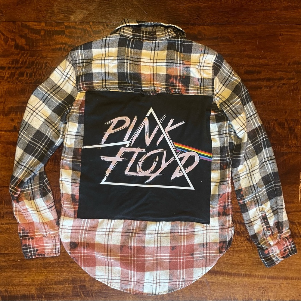 Upcycled Bleached Black White Plaid Boyfriend Fit Top with Pink Floyd Back Patch
